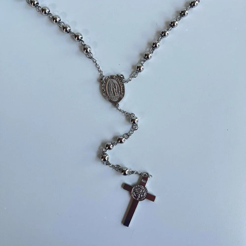 y2k 2000s chrome silver rosary bead necklace